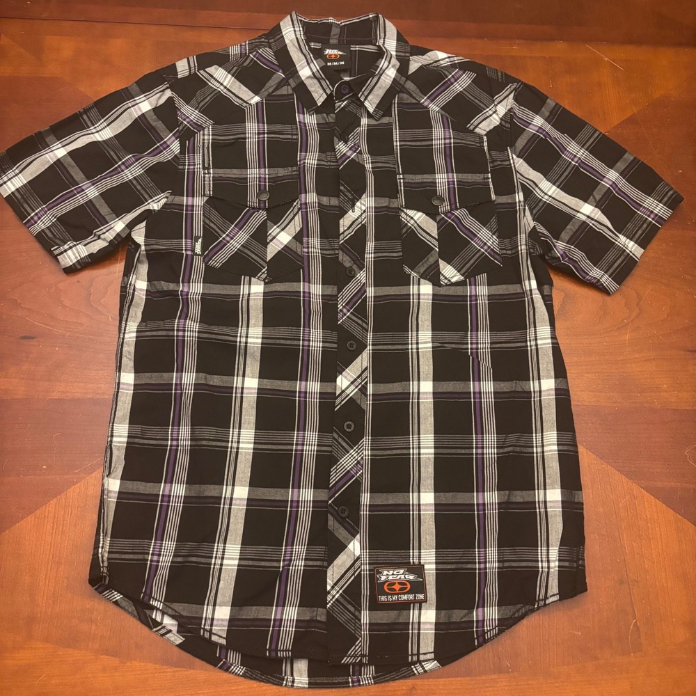 Short Sleeve Black & White Plaid Button-Down Shirt with Purple Accent